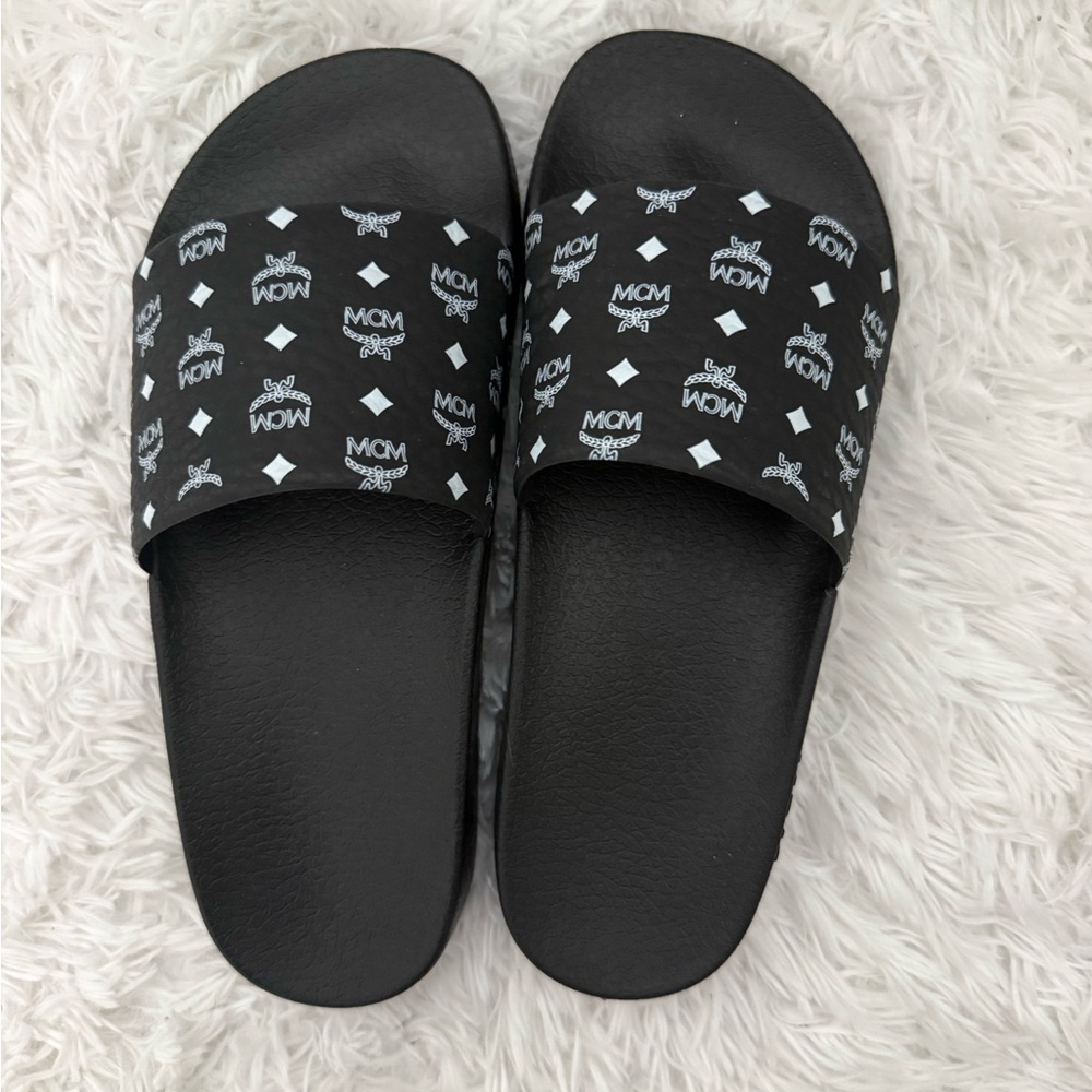 MCM Black and White Logo Slide Sandals